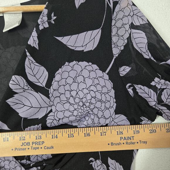 VTG Worthington Babydoll Top XL Black Purple Floral Surplice Neck Ruched Sides - Picture 11 of 14